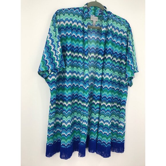 Susan Graver Cardigan Fringe Wrap Chevron Print Blue Green Small - Picture 2 of 6